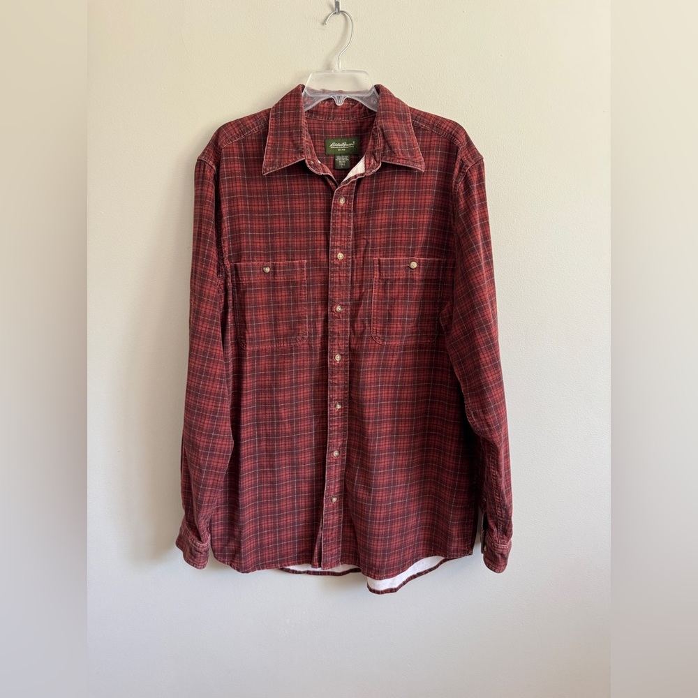 Eddie Bauer Corduroy Shirt Mens L Tall Red Plaid Heavy Pocket Button Up VTG USA